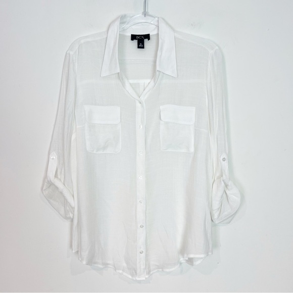 BCX WHITE SEMI SHEER LONG ROLL TAB SLEEVE BUTTON FRONT BLOUSE WOMENS SZ
XL - Picture 2 of 6
